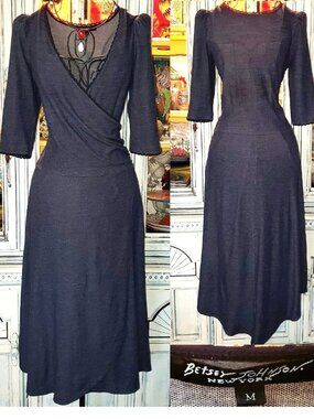 Vintage Betsey Johnson New York 90s Wrap Dress Sz M Blue Jean Faux Denim Slip On